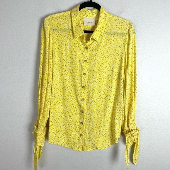 Anthropologie Maeve Womens 8 Blithe Yellow Button Down Shirt Blouse Tie Sleeves - Picture 1 of 12